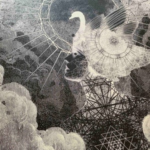 May include: A black and white art print featuring a profile silhouette of a head adorned with a swan headdress, intricate geometric line patterns, a central eye motif, a radiant sunburst background, and a complex star-shaped symbol on the chest.