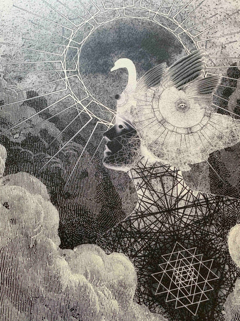 May include: A black and white art print featuring a profile silhouette of a head adorned with a swan headdress, intricate geometric line patterns, a central eye motif, a radiant sunburst background, and a complex star-shaped symbol on the chest.