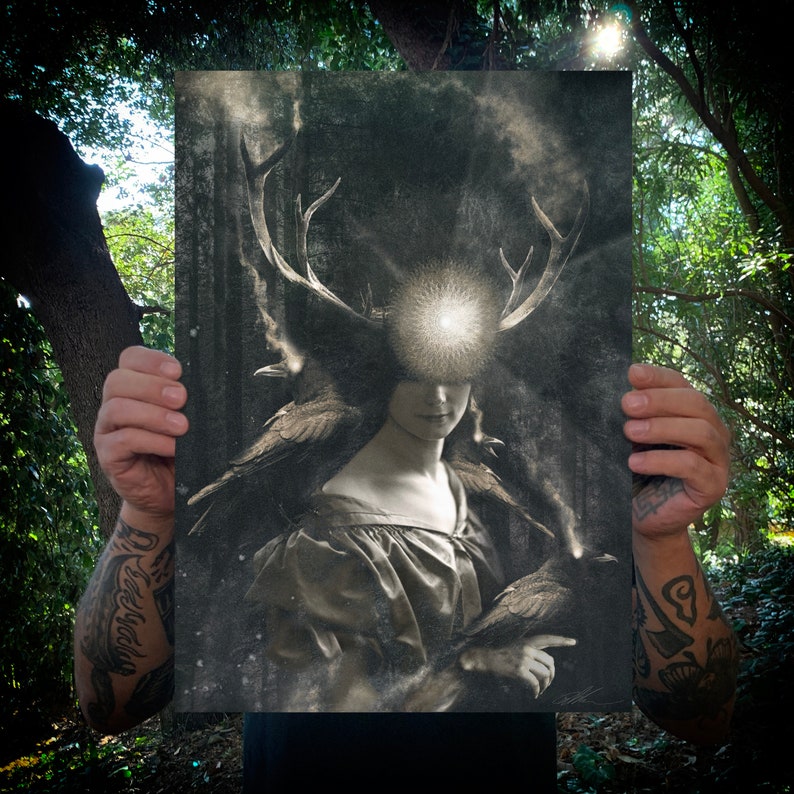 May include: A rectangular art print in shades of black, white, and gray featuring a person with large deer antlers and a glowing circular light over their eyes. Two dark birds are perched near the person, who wears a simple, draped garment.