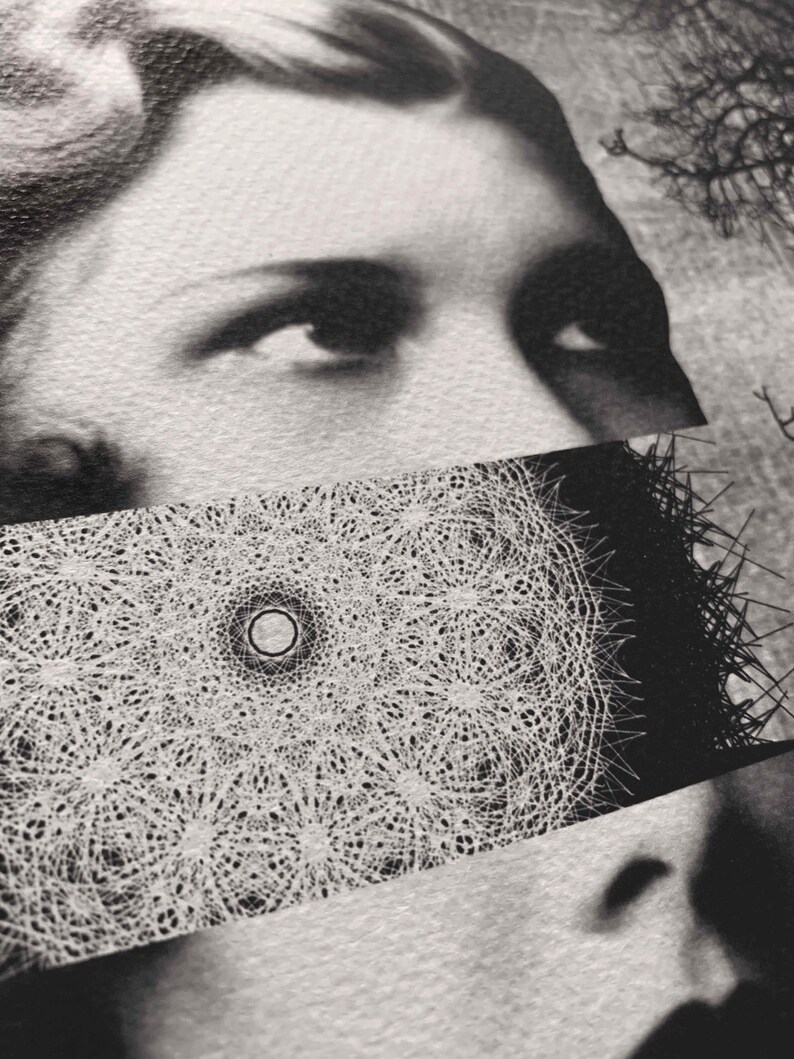 Puede incluir: Una impresi&oacute;n de collage en blanco y negro que presenta una franja horizontal de un patr&oacute;n de mandala geom&eacute;trico blanco detallado superpuesto sobre el retrato de un rostro. La composici&oacute;n incluye una secci&oacute;n de un ojo y frente sobre el patr&oacute;n.