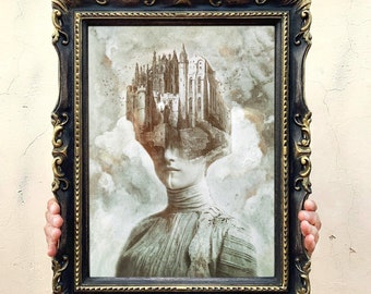 Into The Mind’s Labyrinth, handmade frame, complete with prints, glass and metal hook,black frame with goldr finish, gothic, art, darkart