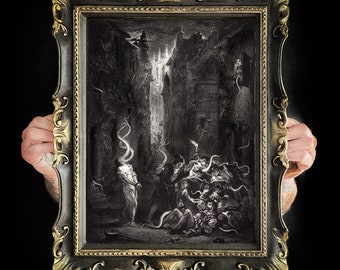 When Darkness Consumes – Framed gothic wall art, dark academia decor, vintage witchy print, black gold frame