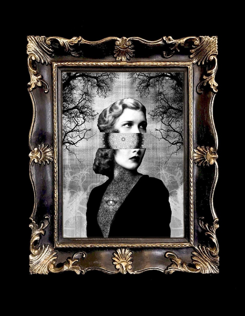 Puede incluir: Una impresi&oacute;n de collage enmarcada que presenta un retrato en blanco y negro de una persona con el rostro segmentado, un &aacute;rea del cuello texturizada que contiene un ojo y un fondo de siluetas de &aacute;rboles desnudos, en un marco dorado ornamentado.