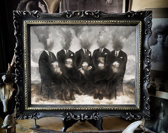May include: A framed black and white painting of five figures with their heads obscured by smoke. The figures are dressed in dark suits and stand in a row. The painting is set against a backdrop of a cloudy sky.