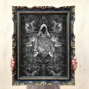 Inferno, stampa fine art montata su cornice artigianale, completa vetro e gancio in metallo, colore nero con rifiniture oro, gotico, arte