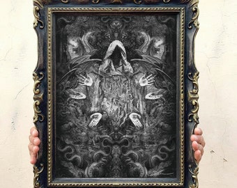 Inferno, Kunstdruck auf handgefertigtem Rahmen, komplett mit Glas- und Metallhaken, schwarze Farbe mit Goldbesatz, Gothic, Kunst
