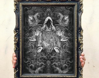 Inferno, Kunstdruck auf handgefertigtem Rahmen, komplett mit Glas- und Metallhaken, schwarze Farbe mit Goldbesatz, Gothic, Kunst