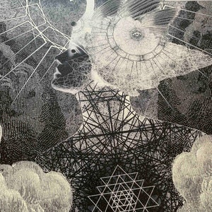 May include: A black and white graphic art print featuring a profile silhouette of a head adorned with a swan and geometric patterns. The torso displays a complex grid of intersecting lines and a central Sri Yantra symbol amidst cloud-like textures.