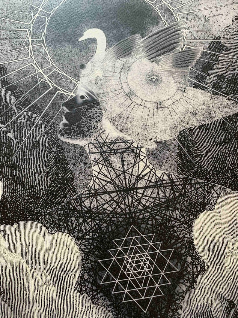 May include: A black and white graphic art print featuring a profile silhouette of a head adorned with a swan and geometric patterns. The torso displays a complex grid of intersecting lines and a central Sri Yantra symbol amidst cloud-like textures.