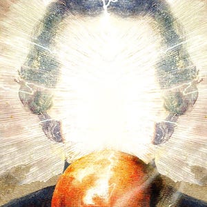 May include: A vintage-style illustration featuring a human skull in the foreground with a warm orange hue. Above the skull, a bright white light radiates outwards, topped by a single eye symbol with lightning bolts descending towards the skull.