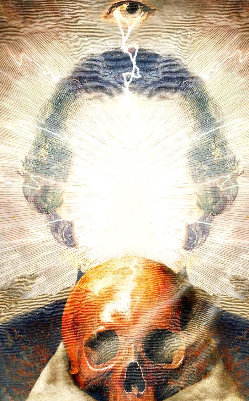 May include: A vintage-style illustration featuring a human skull in the foreground with a warm orange hue. Above the skull, a bright white light radiates outwards, topped by a single eye symbol with lightning bolts descending towards the skull.