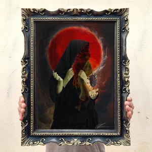 May include: A framed artwork featuring a figure in a black hooded robe against a large red moon. The figure has multiple pale arms and holds a dark, spiky, virus-like sphere emitting smoke. The frame is ornate, dark, and textured with gold accents.