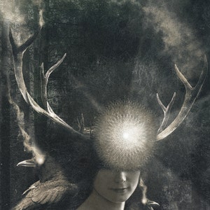 May include: A digital art print featuring a person with large deer antlers emerging from their head. A glowing, circular, starburst-like light sits between the antlers. A dark raven is perched near the shoulder, set against a dark, moody forest.