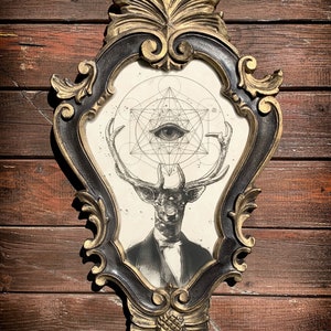 Psycho Deer the dreamcatcher, stampe da incorniciare, illustrazione fine art stampata su carta martellata avorio 300gr, cervo onirico