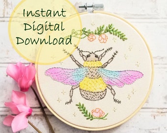 Botanical Bumblebee Embroidery Pattern Digital Download DIY instructions kit