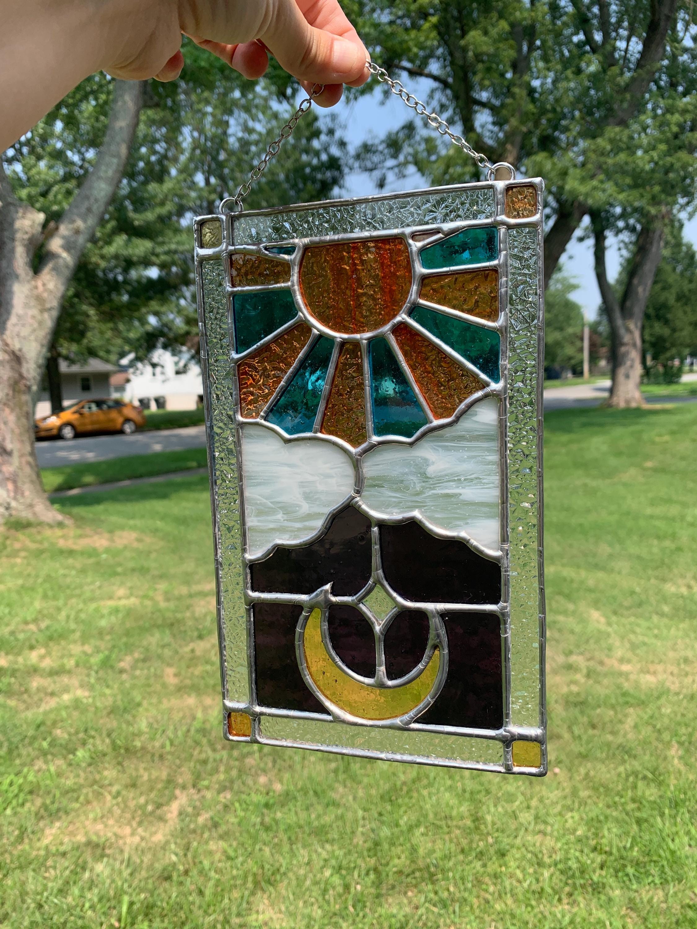 Moon and Sun Stained Glass Window Panel: Celestial Sky Art - Etsy
