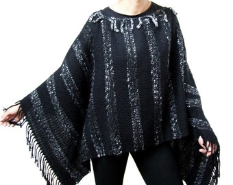 Handwoven black poncho handmade black wool poncho poncho sweater woven wool alpaca poncho woman coat women wool cape maternity clothing