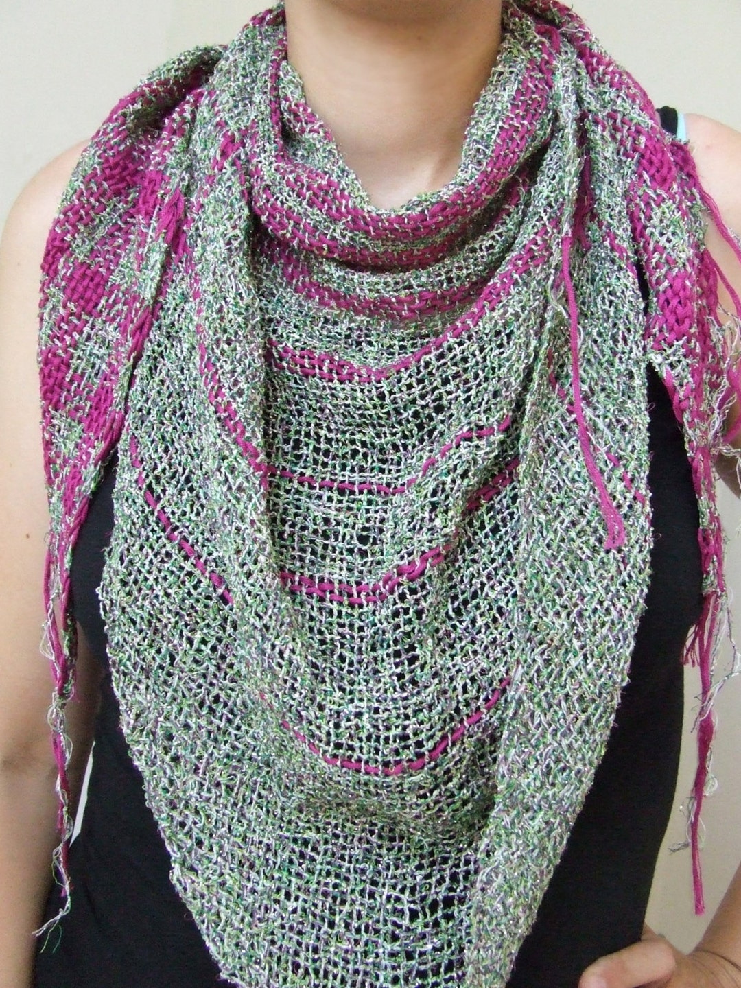 Triangular Scarf Ladies Scarves Purple Green Scarf Cotton Viscose Hand ...