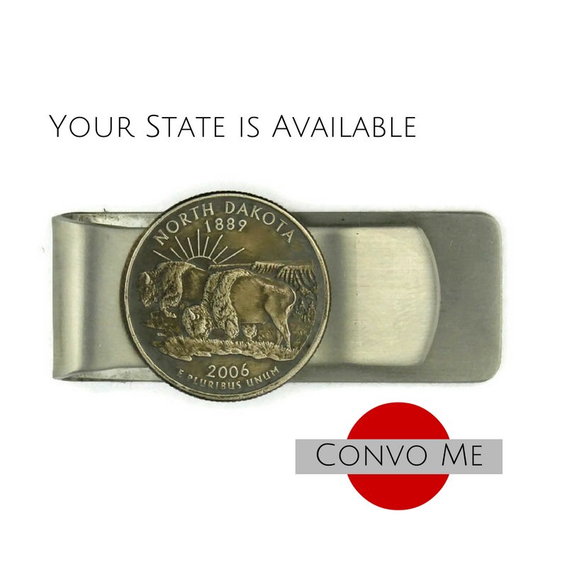 North Dakota Money Clip. A unique handmade money clip using the North Dakota State Quarter. A perfect gift for a Buffalo Fan, Like me!