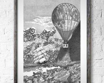 Hot Air Balloon Wall Decor, Hot Air Balloon Art Prints, Birthday Gift, Moon Art Wall Print, Pirate Ship Art Wall Decor, Pirates, Travel