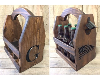 Personalized double sided logo-wood beer carrier-beer caddy-bottle opener-gifts for him-groomsman gifts
