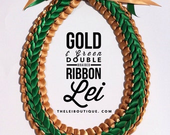 Graduation Lei Ribbon Lei The Gold and Green Double Braided Lei with Satin Ribbons