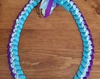 Graduation Lei Purple, Light Blue, White & Turquoise Single Braided Lei Handmade with Satin Ribbon