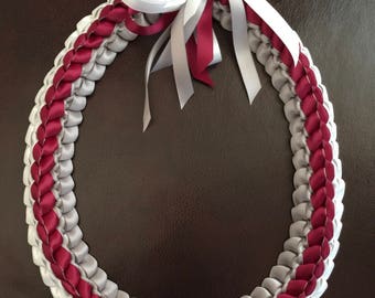 Graduation Lei The Maroon White Silver Lei Handmade Double Braided Lei with Satin Ribbons