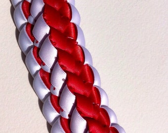 Graduation Lei White Red Lei Handmade with Satin Ribbon & Feather Edge Satin Ribbon -- Made to Order