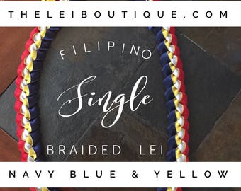 Graduation Lei Filipino Lei Single Braided Ribbon Lei - Navy Blue, Red, White with Yellow or Old Gold (pictured)