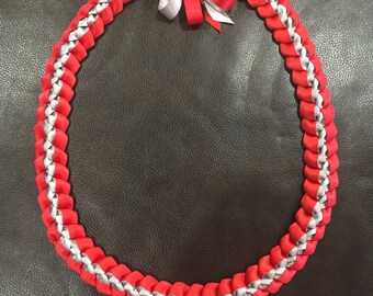 Graduation Lei Red & Grey/Silver Single Braided Satin Ribbon Lei