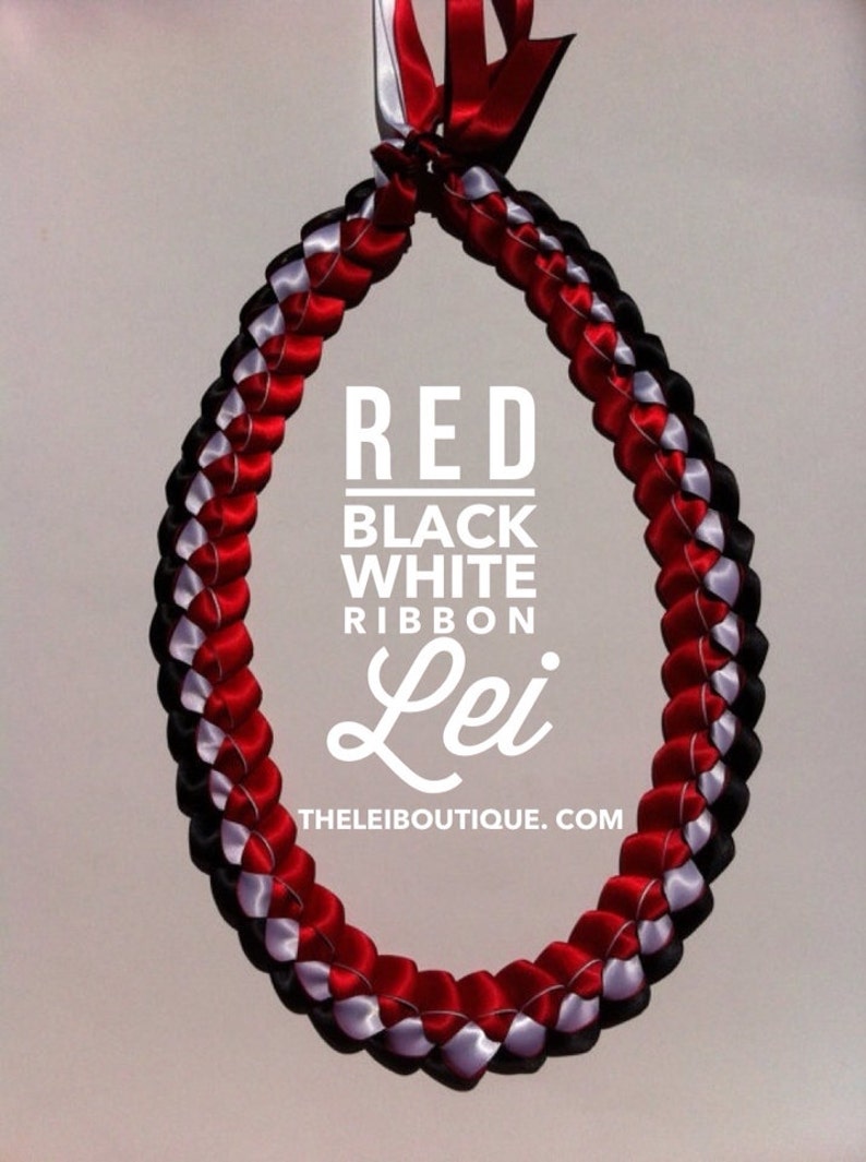 Graduation Lei Black White & Red Single Braided Satin Ribbon Lei 