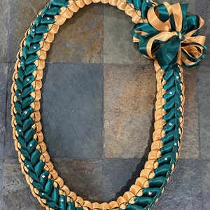 42&quot;  Graduation Lei in Hunter Green and Gold Ribbon with OR without Double Rhinestones Double Braided Satin Ribbon Lei