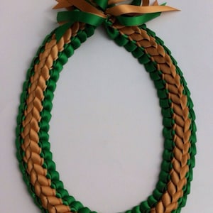 Graduation Lei! Ribbon Lei The Green & Gold Lei Handmade Double Braided Lei with Satin Ribbons