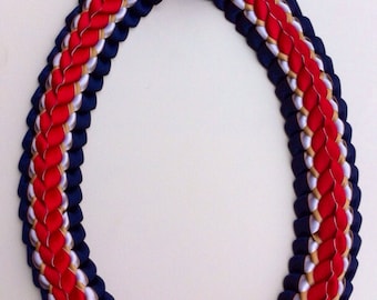 Graduation Lei Filipino Double Braided Ribbon Lei- Navy Blue, Red, White with Yellow or Old Gold (pictured)