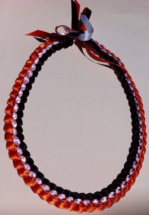 Handmade Black & Orange Satin Lei - Decorative Women’s Accessory Graduation Lei Ribbon Lei Black White & Orange Lei Satin  main image 3