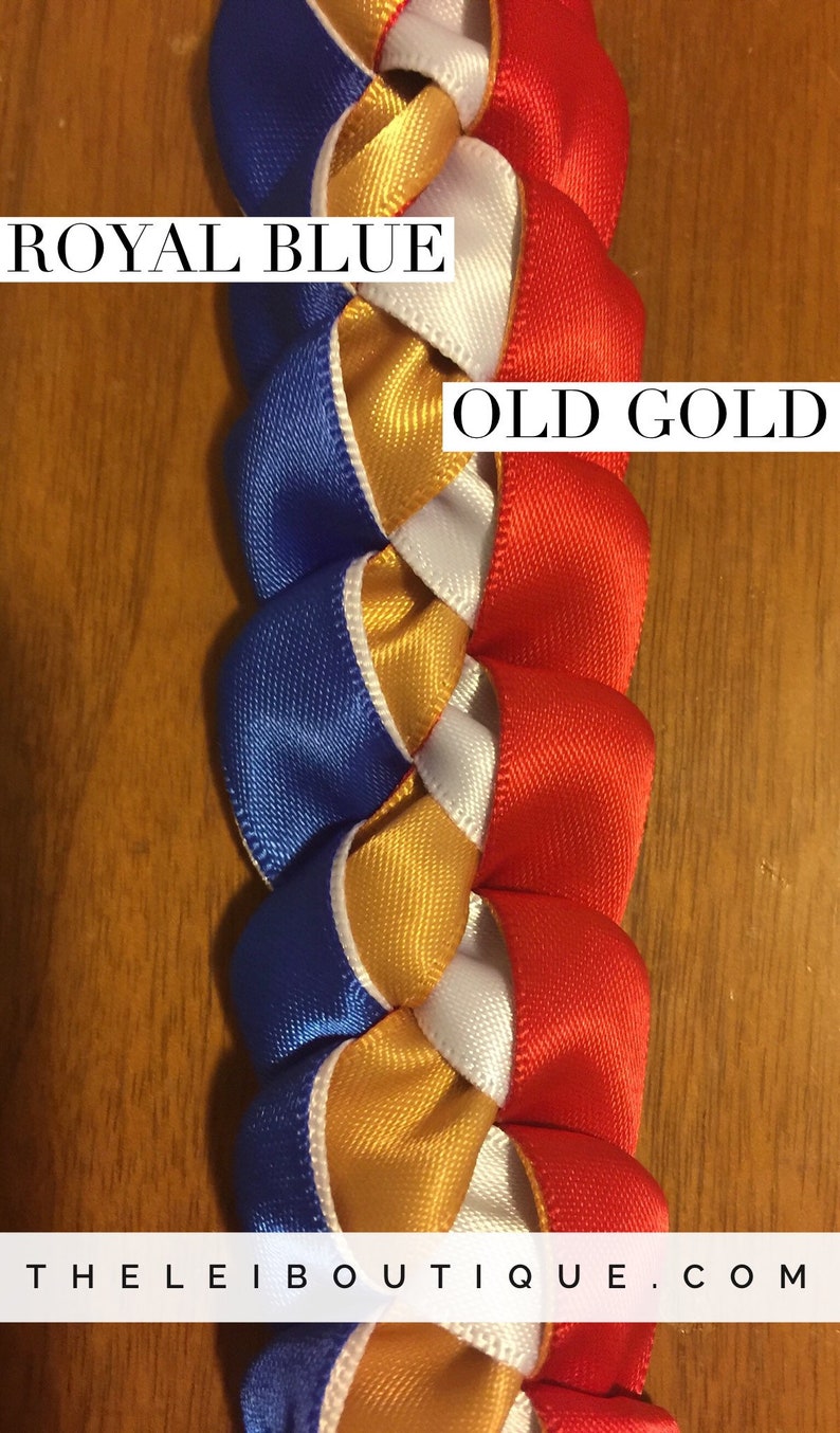 Graduation Lei Filipino Lei Single Braided Ribbon Lei Navy Blue, Red, White with Yellow or Old Gold pictured image 3