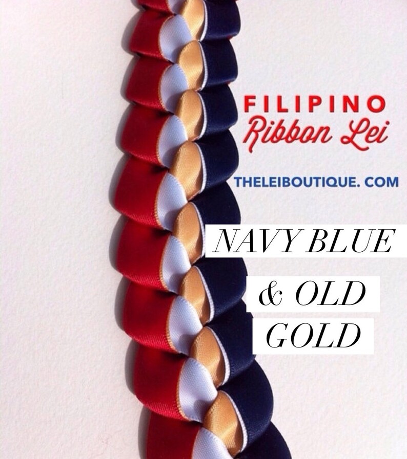 Graduation Lei Filipino Lei Single Braided Ribbon Lei Navy Blue, Red, White with Yellow or Old Gold pictured image 2