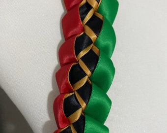 Handmade Single  red, gold, green, black Braided Graduation Lei Ribbon