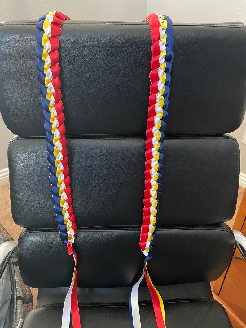 Graduation Lei Filipino Lei Single Braided Ribbon Lei Navy Blue, Red, White with Yellow or Old Gold pictured image 6