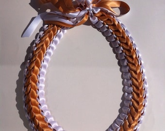 Graduation Lei White & Old Gold Double Braided Lei with Satin Ribbons