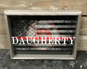 Personalized Thin Red Line Shadow Box with Flag and Maltese Cross- Thin Red Line Flag Shadow Box - Firefighter Gift - First Responder