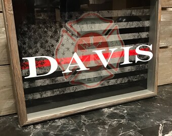 Personalized Thin Red Line Shadow Box with Flag and Maltese Cross- Thin Red Line Flag Shadow Box - Firefighter Gift - First Responder