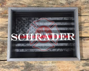 Personalized Thin Red Line Shadow Box with Flag and Maltese Cross- Thin Red Line Flag Shadow Box - Firefighter Gift - First Responder