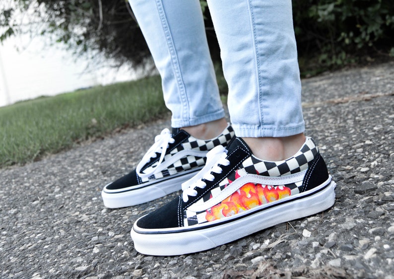 Checkerboard Vans with Flames- Fire vans- checkered vans- painted vans-vans with flames- custom vans, vans with design- unique vans- trendy Checkerboard Vans with Flames- Fire vans- checkered vans- painted vans-vans with flames- custom vans, vans with design- unique vans- trendy