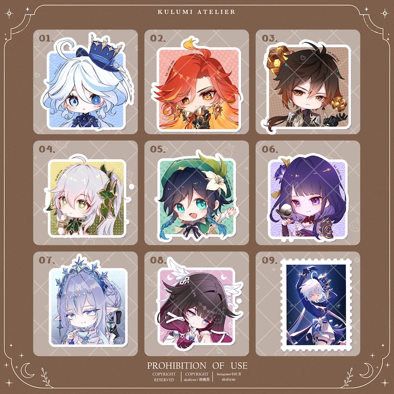Puede incluir: Una colecci&oacute;n de nueve pegatinas cuadradas con personajes de anime estilo chibi con distintos colores de pelo y atuendos, numeradas del 01 al 09. El conjunto incluye personajes con dise&ntilde;os de pelo azul, rojo, marr&oacute;n, blanco, verde, morado y plateado.