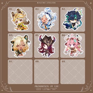 Puede incluir: Una colecci&oacute;n de seis pegatinas de personajes de anime estilo chibi dispuestas en una cuadr&iacute;cula sobre un fondo marr&oacute;n. Las pegatinas muestran diversos personajes con atuendos y colores de cabello detallados, numerados del 81 al 86.