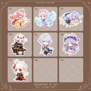 Puede incluir: Una colecci&oacute;n de siete pegatinas de estilo chibi numeradas del 51 al 57, dispuestas en una cuadr&iacute;cula sobre un fondo marr&oacute;n con el texto KULUMI ATELIER en la parte superior y PROHIBITION OF USE en la parte inferior. Cada pegatina muestra una figura.