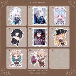 Puede incluir: Una colecci&oacute;n de ocho pegatinas de personajes estilo anime dispuestas en una cuadr&iacute;cula sobre un fondo marr&oacute;n, etiquetadas como KULUMI ATELIER. Las pegatinas muestran varias figuras en estilos chibi y detallados, numeradas del 71 al 78.