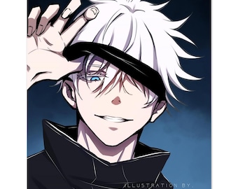 May include: Illustration of a character with spiky white hair, blue eyes, and a black blindfold. The character is smiling, and the illustration is signed "ILLUSTRATION BY. Alice Wei."